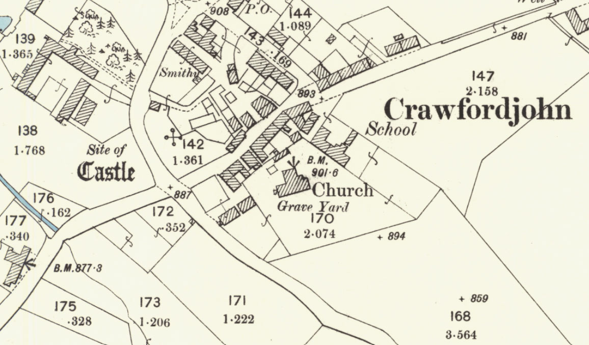 Historic map of Crawfordjohn showing the church, graveyard, school and surrounding village