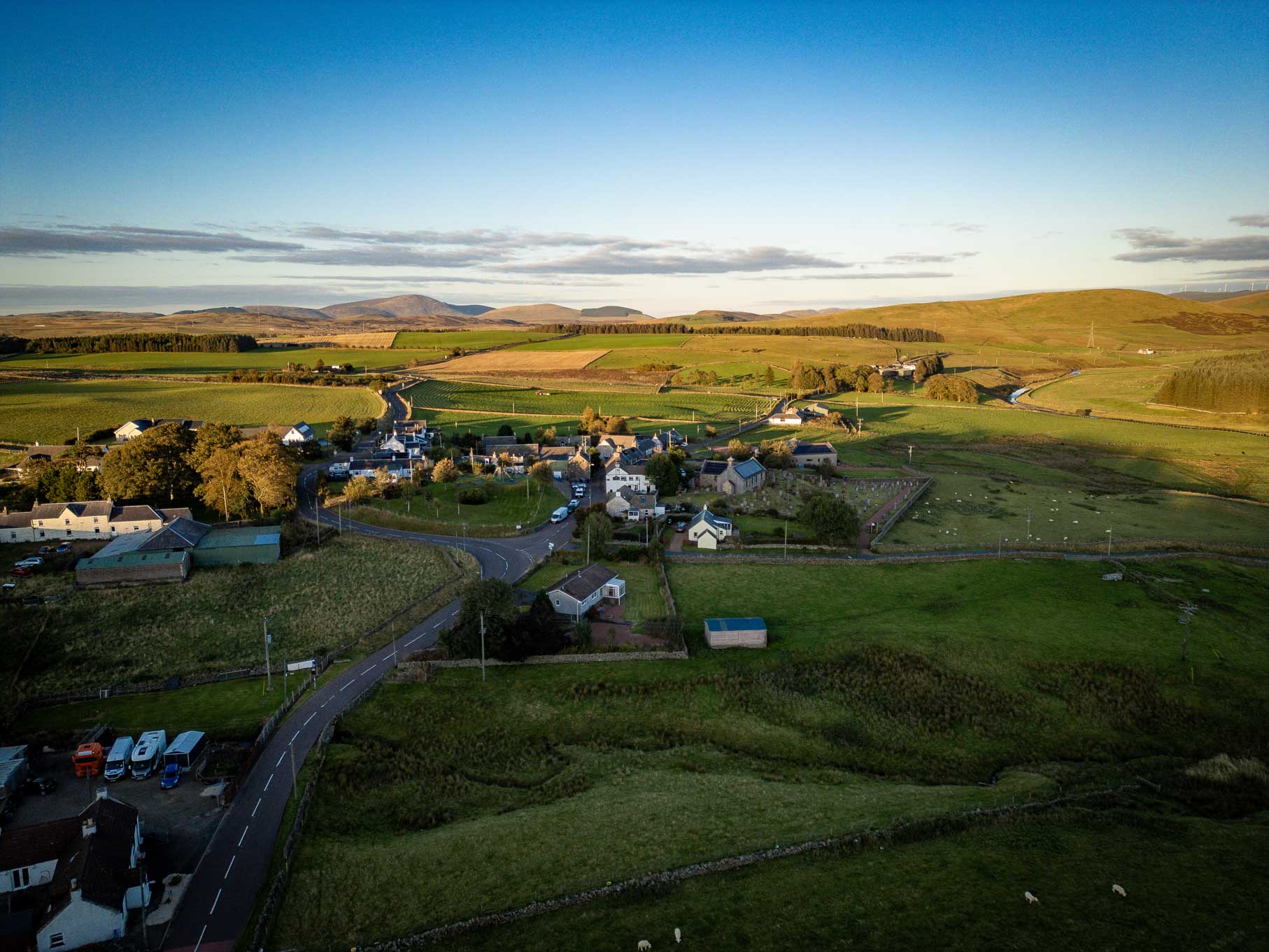 Aerial view of Crawfordjohn and the surrounding countryside